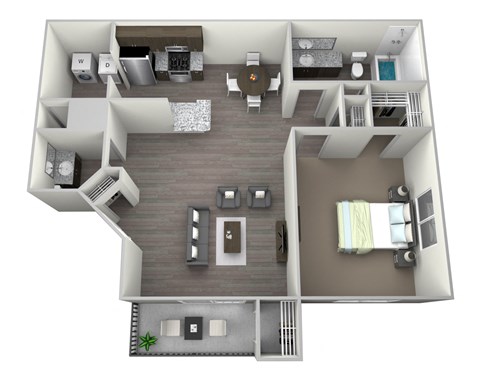 One Bedroom one  full bathroom and half bath, full kitchen with half bath in living room, washer and dryer included, and private balcony/ patio in a rendered 3D drawing.